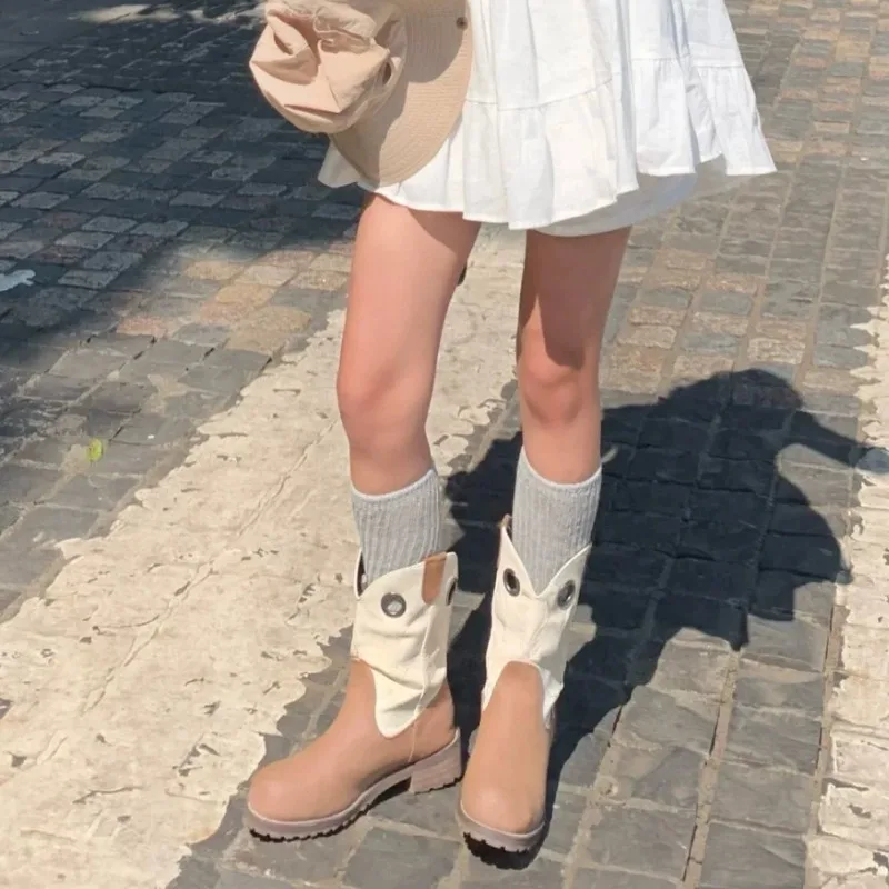 

Панели коричневые ковбойские ботинки в западном стиле ретро на толстом каблуке с круглым носком короткие ботинки до щиколотки с V-образным вырезом без застежек женские сапоги