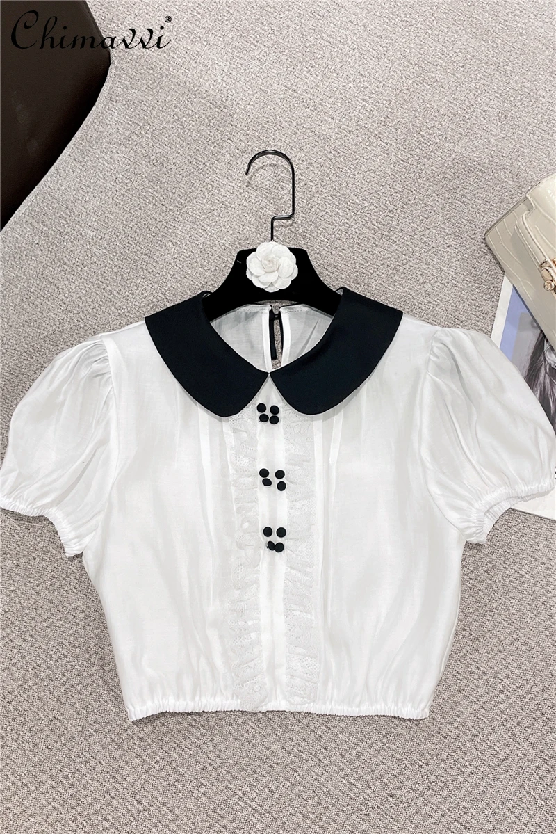 

2022 Summer New Fashion Retro Sweet Doll Collar Lace Shirts Slim Fit Graceful Puff Sleeve Chiffon Blusas Women Tops All-matching