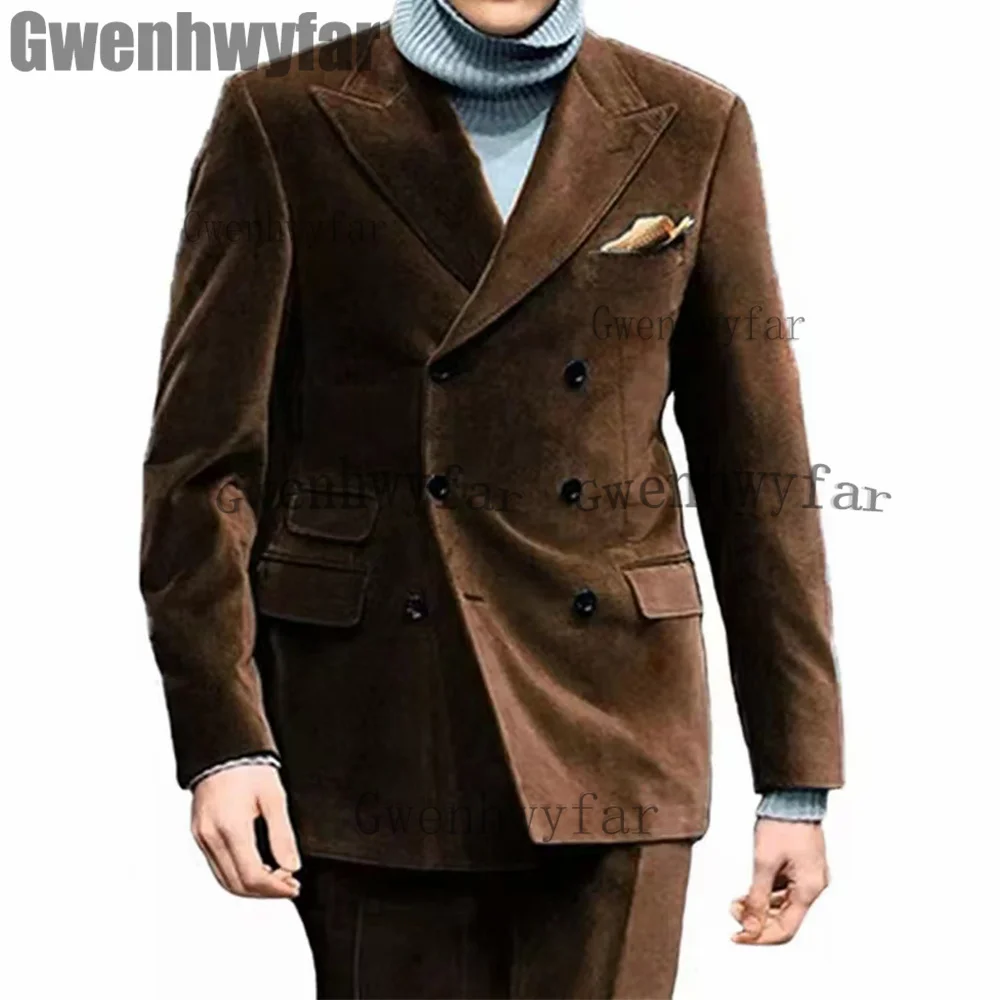 

Мужские костюмы Gwenhwyfar из коричневого бархата, костюм для мужчин, двубортный смокинг, 2 шт., элегантный блейзер для жениха (пиджак + брюки)