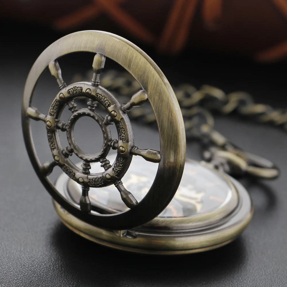 Rudder Hollow Design Bronze Roman Mechanical Pocket Watch High Quality Necklace Timing Pendant Unisex Pocket Watch Gift PJX1463