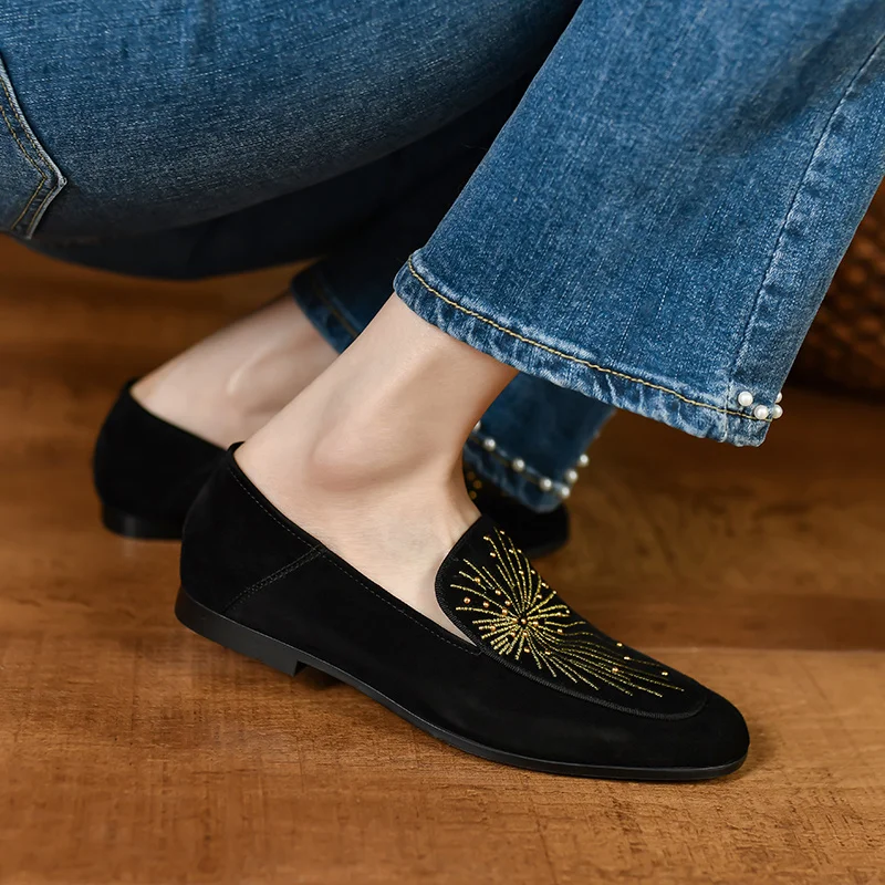 

Kid Suede Women Embroider Round Toe Vintage Simple Loafers For Spring Slip on Daily Flats Ladies Cozy Casual Shoes