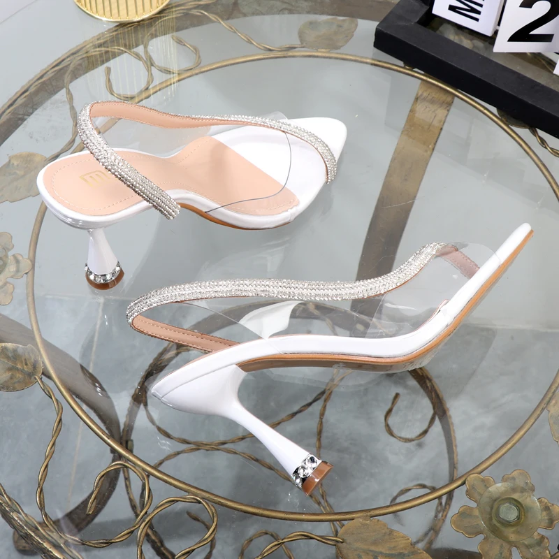 2023 summer new fashion noble sandals pointed rhinestone high heels Joker transparent with thin heels plus size sandals 9CM