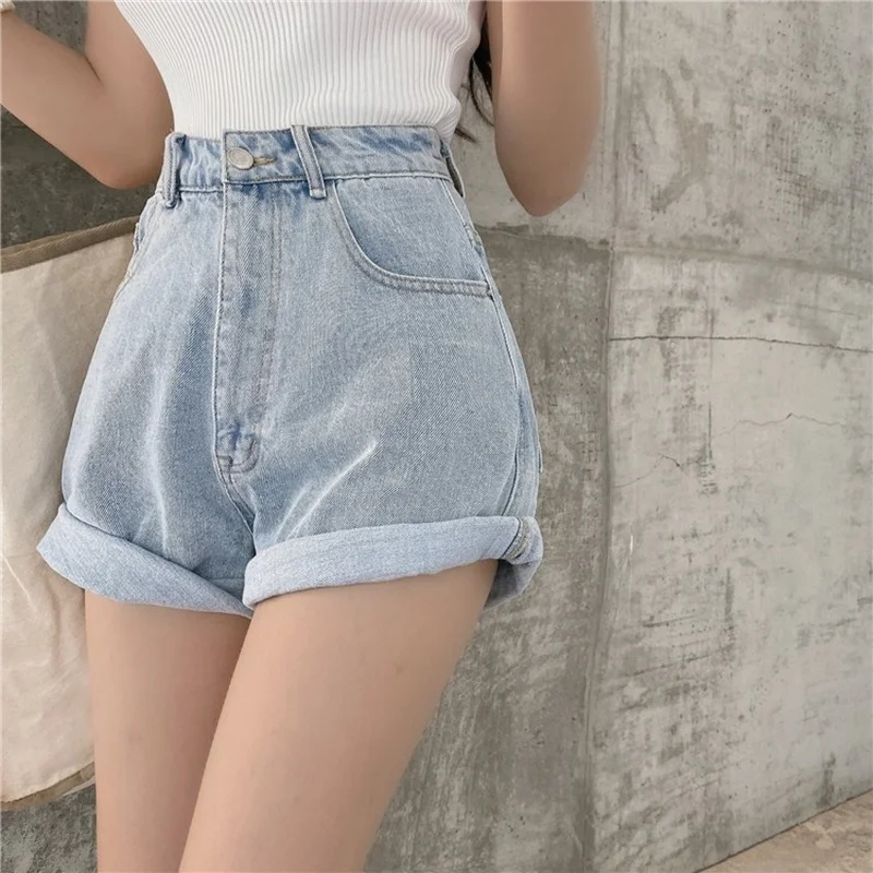 2021 Summer Women Casual Loose Vintage Wide Leg Short Jeans Female New High Waist Harajuku Green Blue Denim Shorts College Style