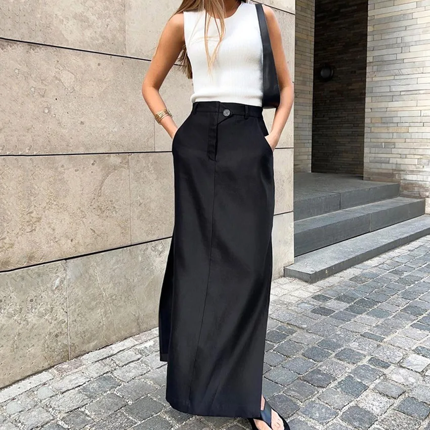 

2023 new fashion women plus size skirt single button side slit solid midi skirt ladies dress outwear streetwear y2k