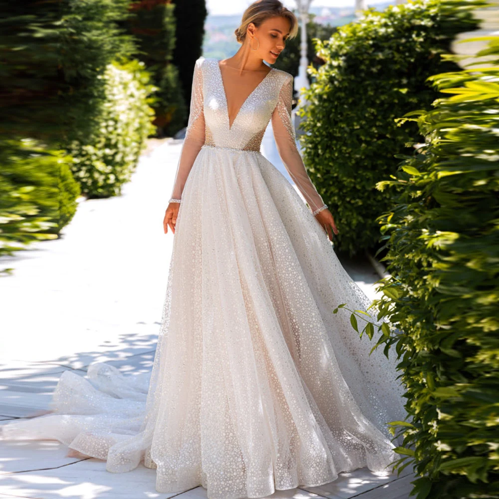 

Luxury Wedding Dress For Bride 2022 Long Sleeves V-Neck Boho A-Line Bridal Gowns Glitter Sequined Vestido De Noiva Custom Made