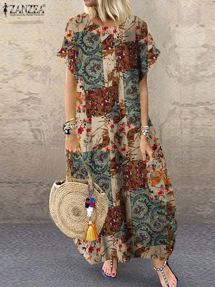 

ZANZEA Women Summer Bohemian Holiday Beach Sundress Oversize Robe Femme Loose Vestido Vintage Short Sleeve Floral Printed Dress