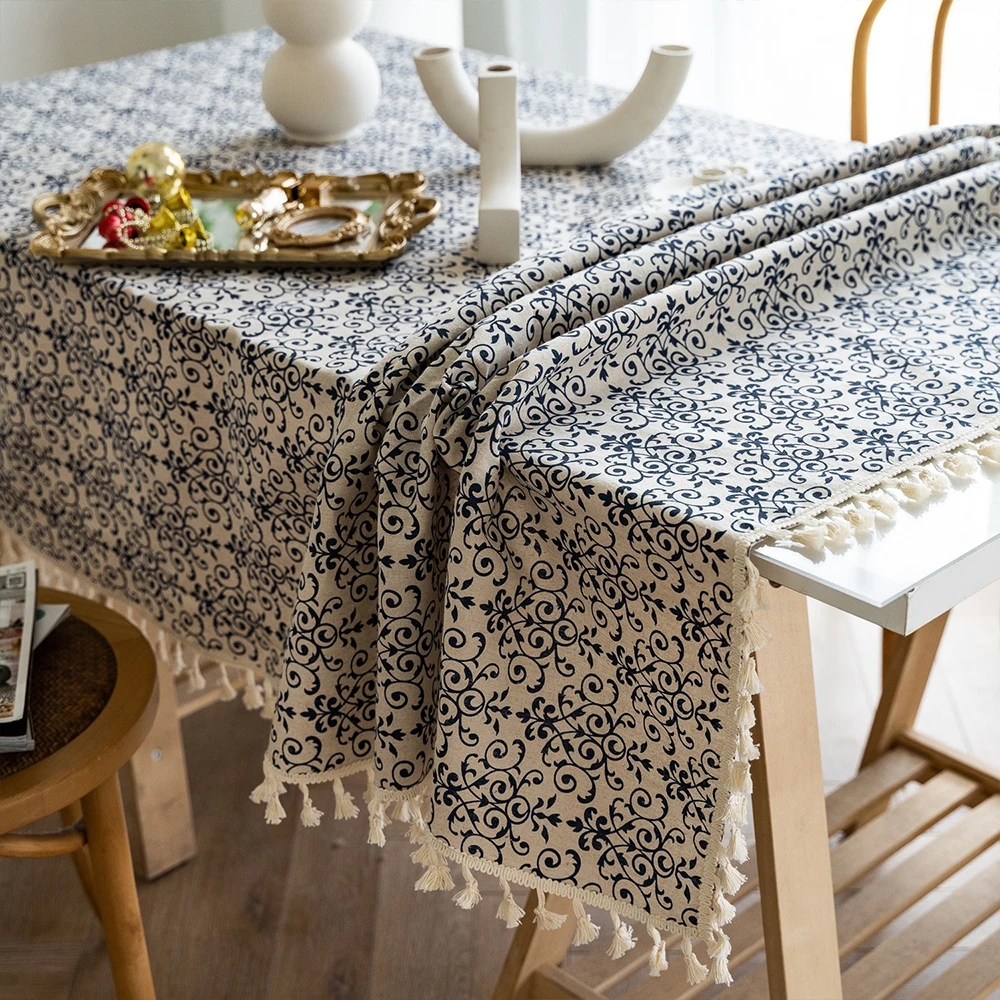 

Retro Printed Tablecloth Blue Floral Tablecloth Rectangular Ethnic Tassel Table Cloths Dining Table Hotel Restaurant Decorati