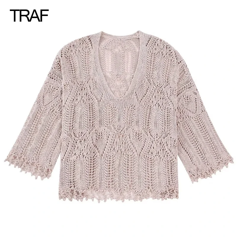 

TRAF Summer Knit Shirts for Women 2023 Off White Long Sleeves V-Neck Hollow Out Female Knitted Top Fashion Korean Short Sweaters