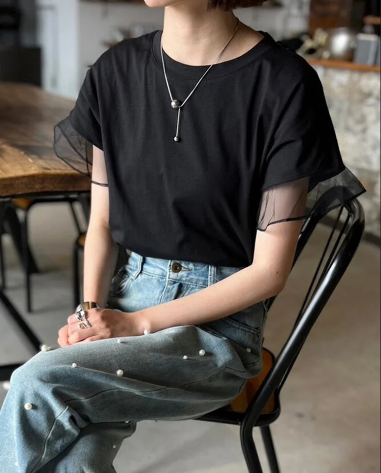 

Женская футболка с коротким рукавом, приталенная Сетчатая футболка в японском стиле с круглым вырезом, корейская модная одежда, Y2k, лето 2023