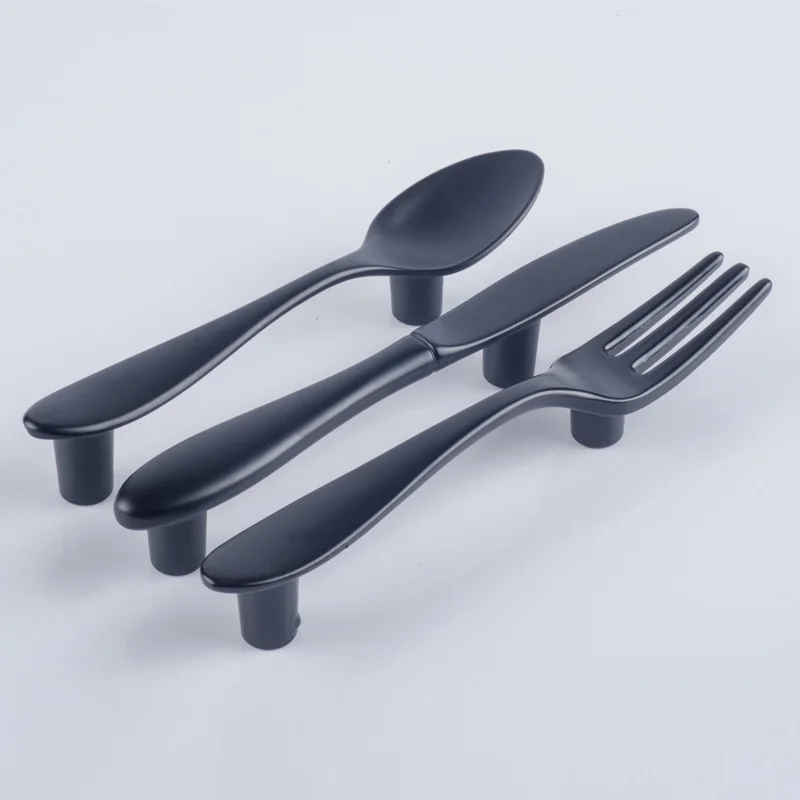 

Cabinet Handle Knife And Fork Spoon Black Cupboard Kitchen Knobs Drawer Door Pull 76 Hole Distance Creative Cutlery Furniture
