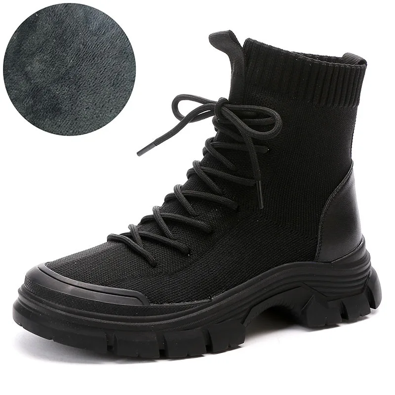 Knitted Fabric Ankle Boots Women Winter Autumn Platform Booties Chunky Elastic  Warm Plush Shoes Casual Short
