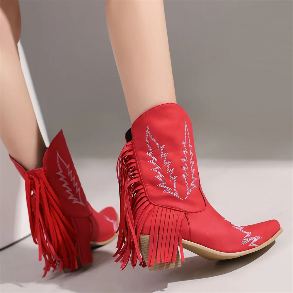 Women Ankle Boots 2022 New Designer Luxury High Heel Embroidered Women Shoes Elegant Winter Plus Size Pointed Lady Low Boots