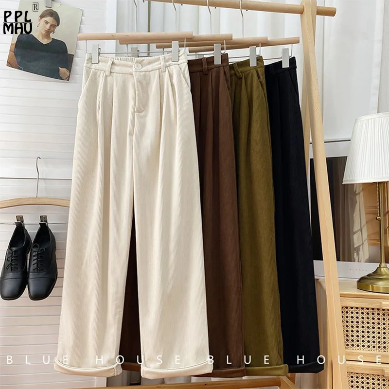

High Waist Baggy Trousers New Autumn Basic Solid Color Vintage Pantalones Classic Pant Casual Corduroy Wide Leg Pants Women