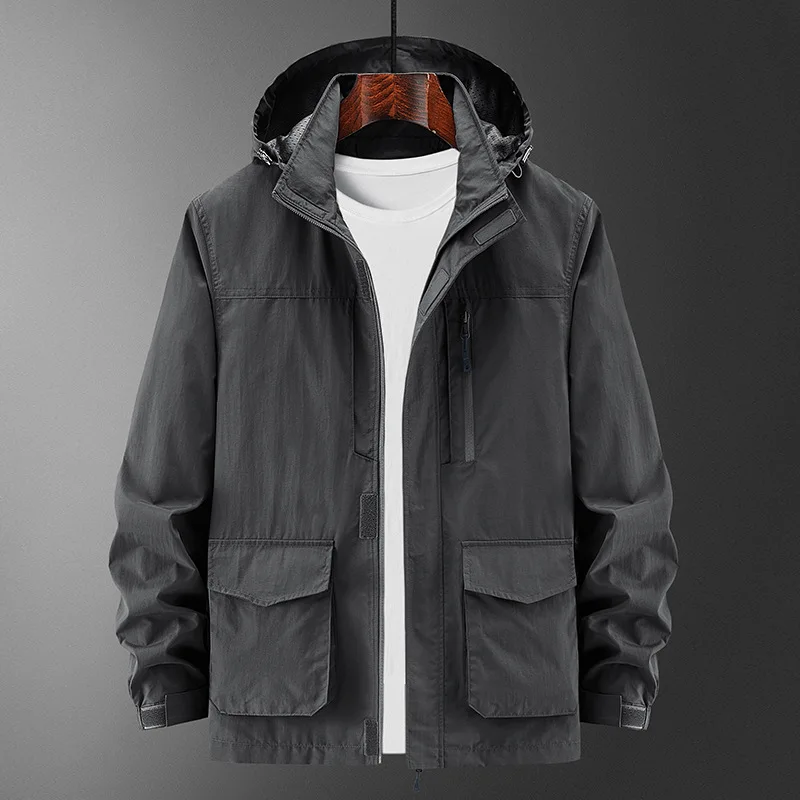 

Spring autumn Thin outdoor jacket Men High Quality Casual Hooded Jacket Men Multi-Pocket Design Jacket Men Casual Coat Men