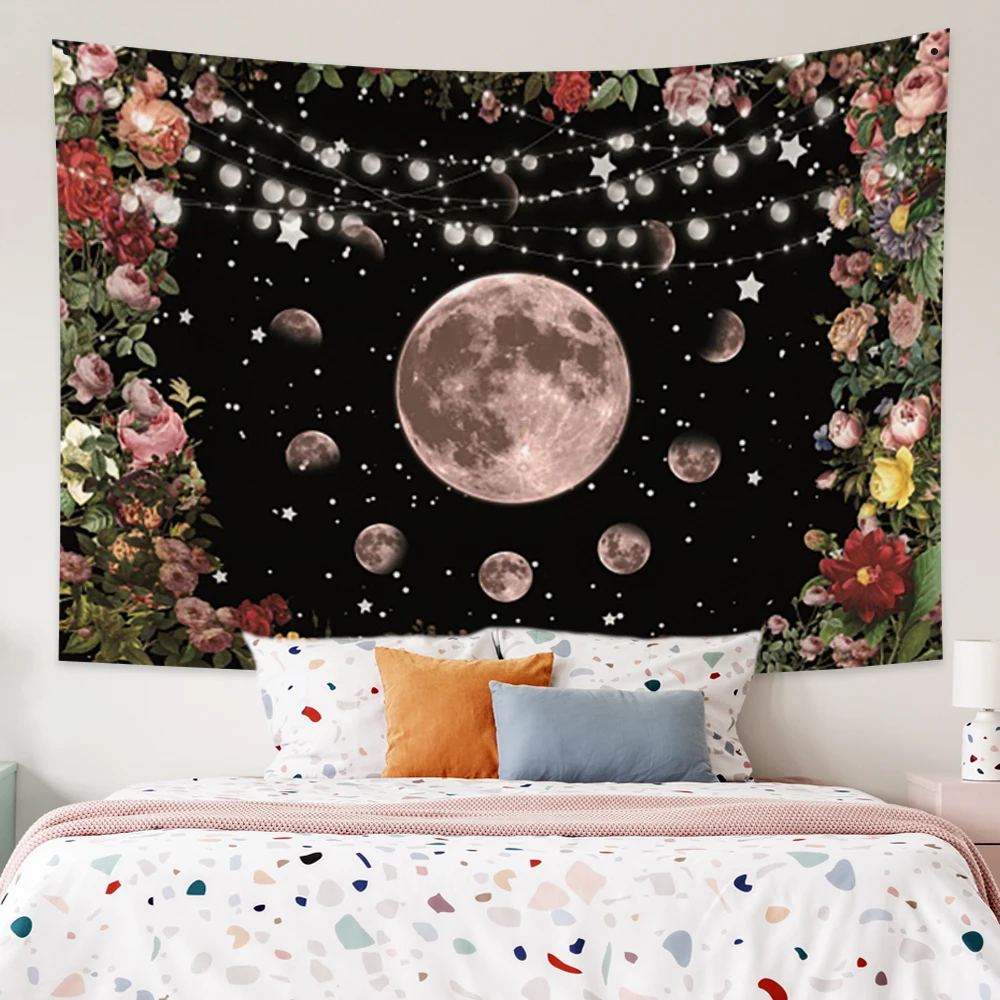 

Moonlit Garden Tapestry Aesthetic Moon Phase Surrounded By Plants And Flowers Black Wall Hanging Dorm Living Room Decor Blanket