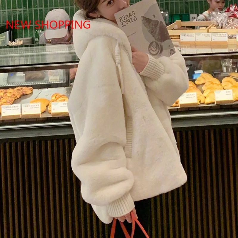 Fall Winter Loose Hooded Plush Jacket Imitation Rabbit Fur Coat White Zipper Plush Jacket Cardigan Luxurious Elegant Party Coats