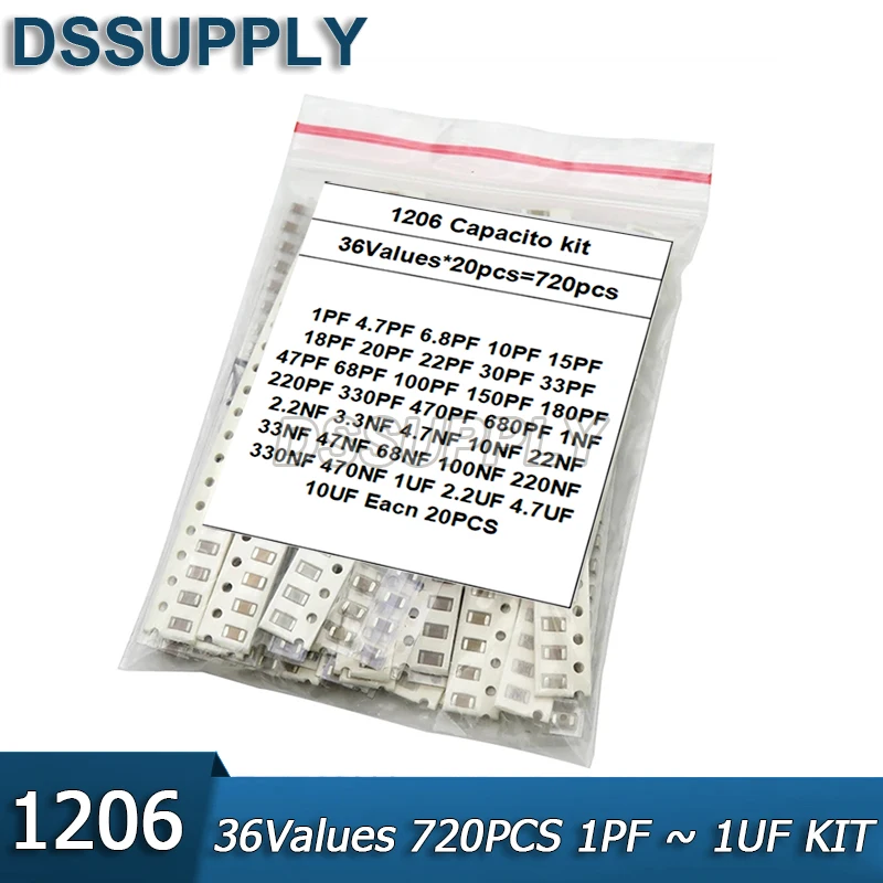 

36Values 1pF-10uF Electronic Capacitor Set 1206 SMD Ceramic Capacitors Assortment Kit 0603 0805 22PF 47PF 22NF 100NF 2.2UF 4.7UF