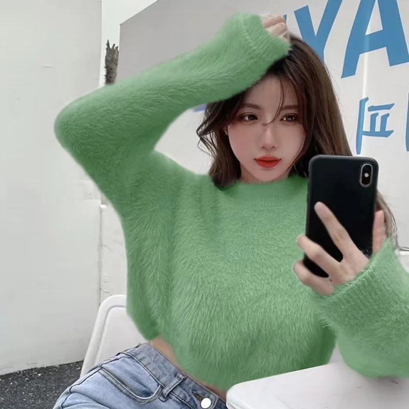 Осенний женский свитер раскрывающий пупок пух вязаный Повседневный с длинными