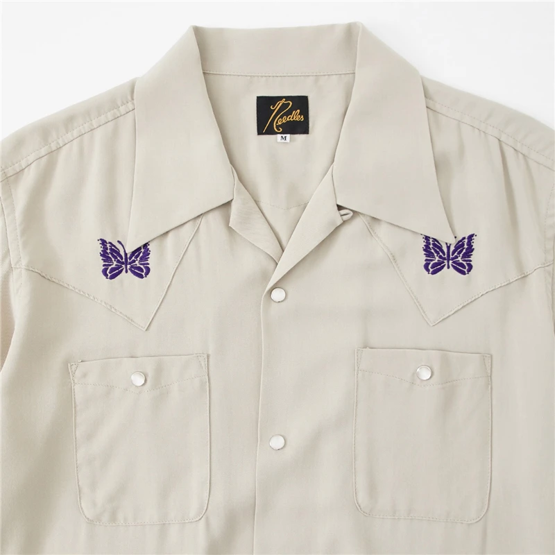 Apricot Needles AWGE Shirts Men Women 1:1 Best Quality Cowboy Embroidered Butterfly Pocket Shirt Tops Tee