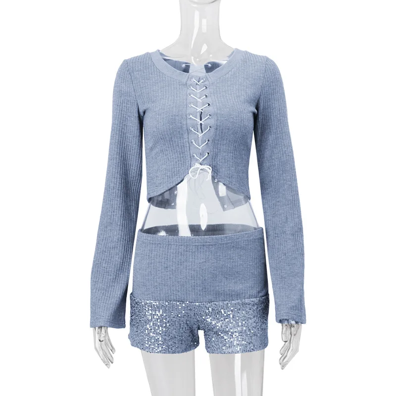 Новинка 2024 осенне-зимний сексуальный вязаный топ с ремешками и пупком серебряные