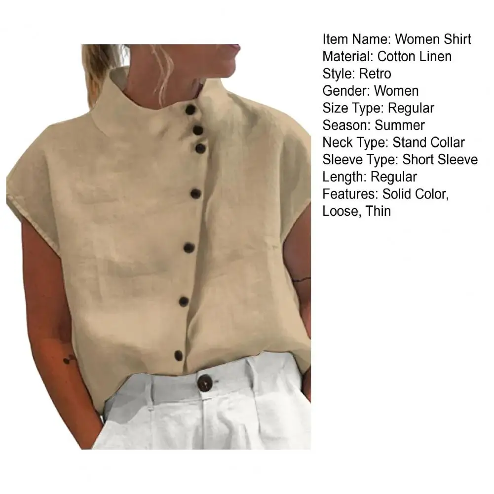 Элегантная рубашка из хлопка и льна с воротником-стойкой тонкая летняя