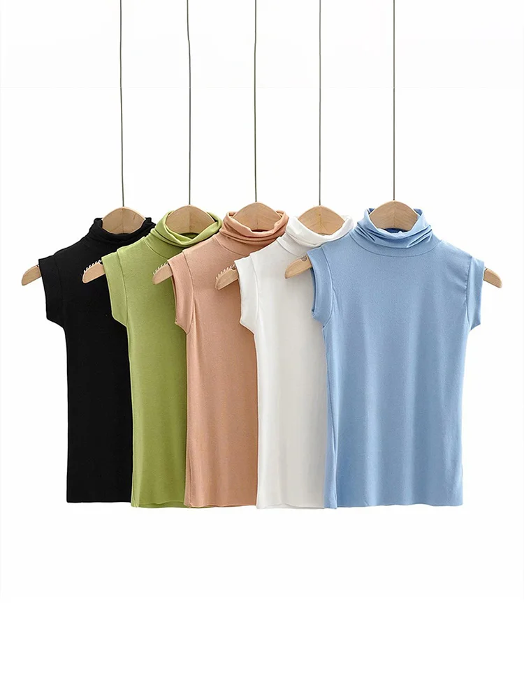 Женская футболка без рукавов с высоким воротом и рулонным вырезом