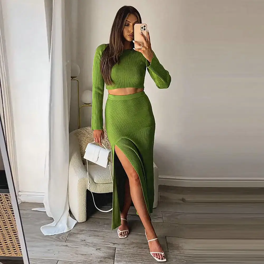 

2Pcs/Set Autumn Winter Women T-shirt Skirt Solid Color O-Neck Long Sleeve Two Piece Set Sexy Slim Fit Blouse Split Skirt Set Str