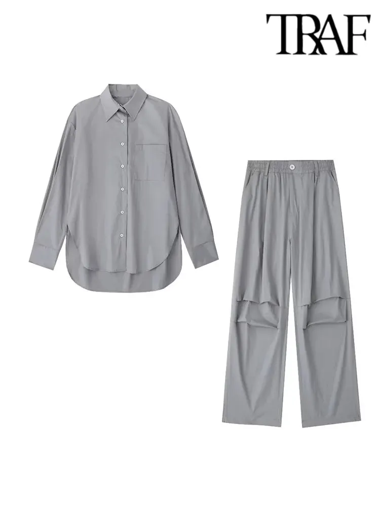 

TRAF Summer Fashion Women Cargo Pants With Pleats High Waisted Baggy Sweatpants Grey Wide Pant Female Trousers Y2K