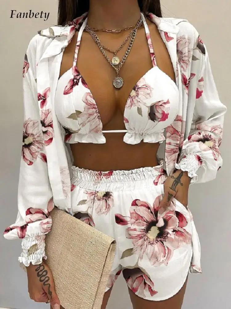 

Women Sexy Beach Suits Summer Elegant Lace-up Frilly Bra And Cardigan And Shorts Outfits Ladies Seaside Fashion Three Piece Sets