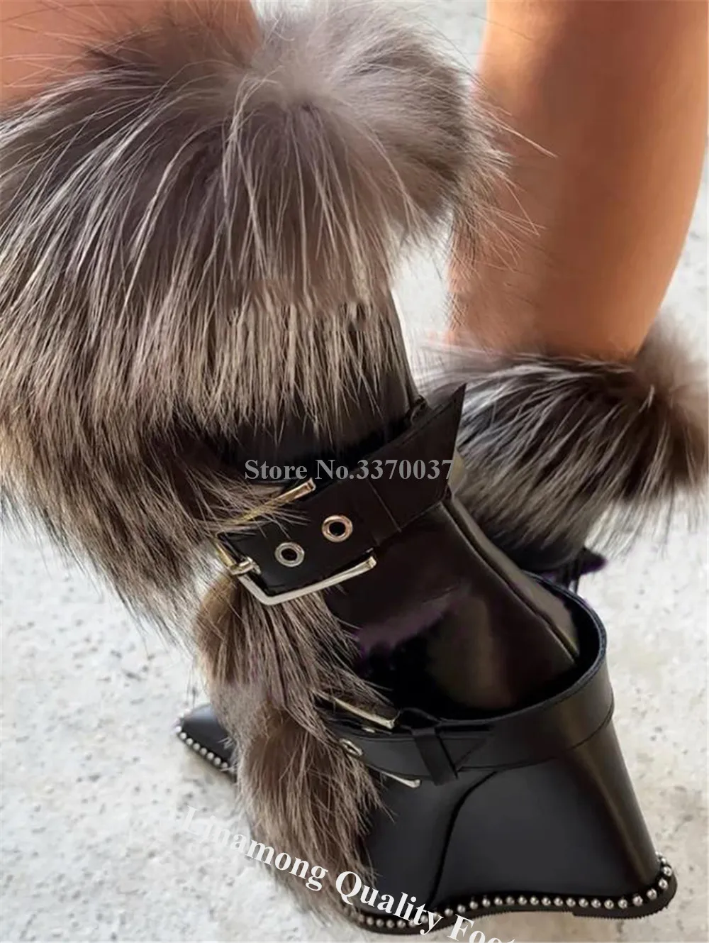 Linamong Роскошные ботинки на танкетке до середины икры украшенные натуральным