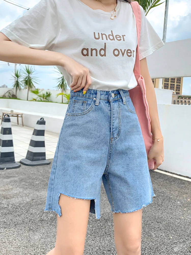 Summer Women Wide Leg Hole Frayed Blue Denim Shorts Streetwear Female High Waist Loose Button Jeans Shorts Bottoms