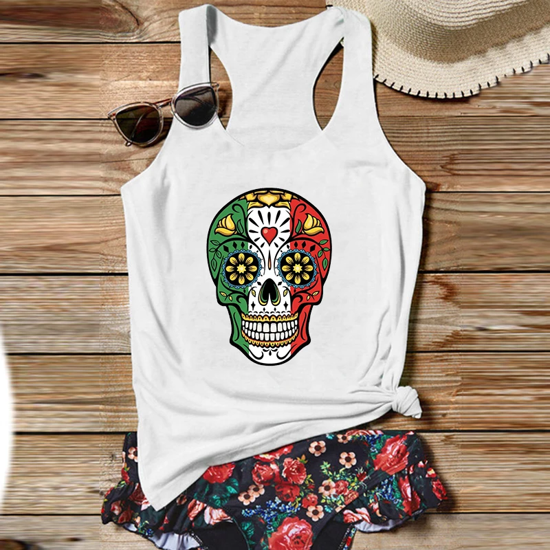 Mexica Skull Tops Women Vintage Mexican Festival Women Clothes Funny Cute Skull Shirt Mexican Skull Tank Top Cartoon