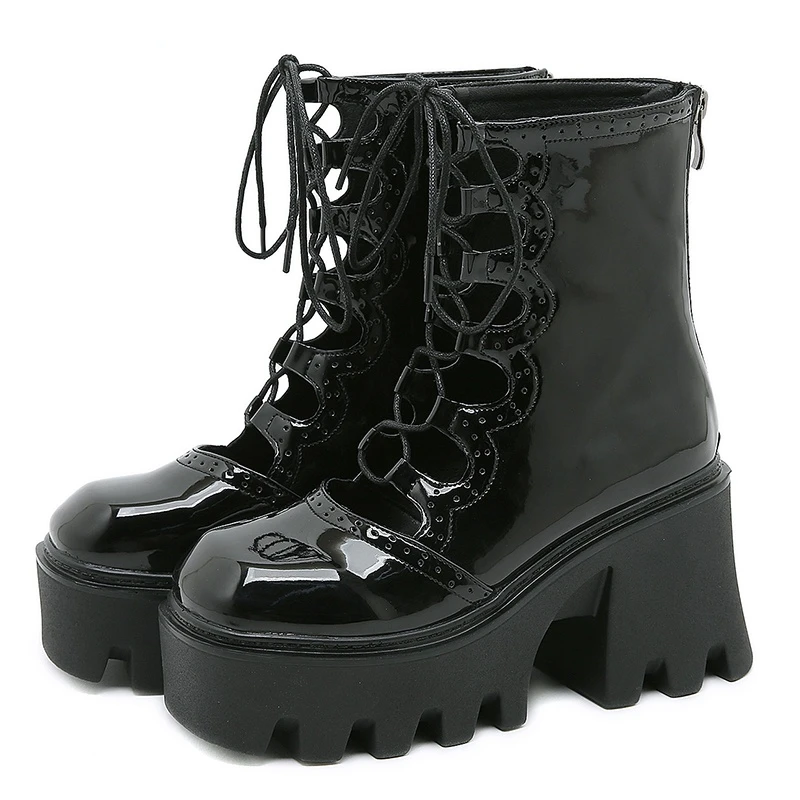 

New Strappy Square Toe Platform Boots High Heels Cross-Tied Hollow Out Gothic Style Black Shoes For Women Ankle Boots Cool