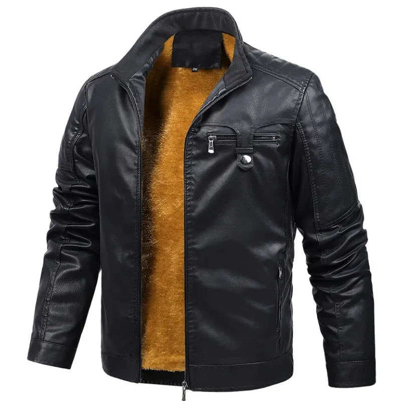 

2022 New Autumn Winter Leather Jacket for Men Stand Collar Motorcycle Jackets Winter Warm Fleece Windbreaker Coat Outwear MY502