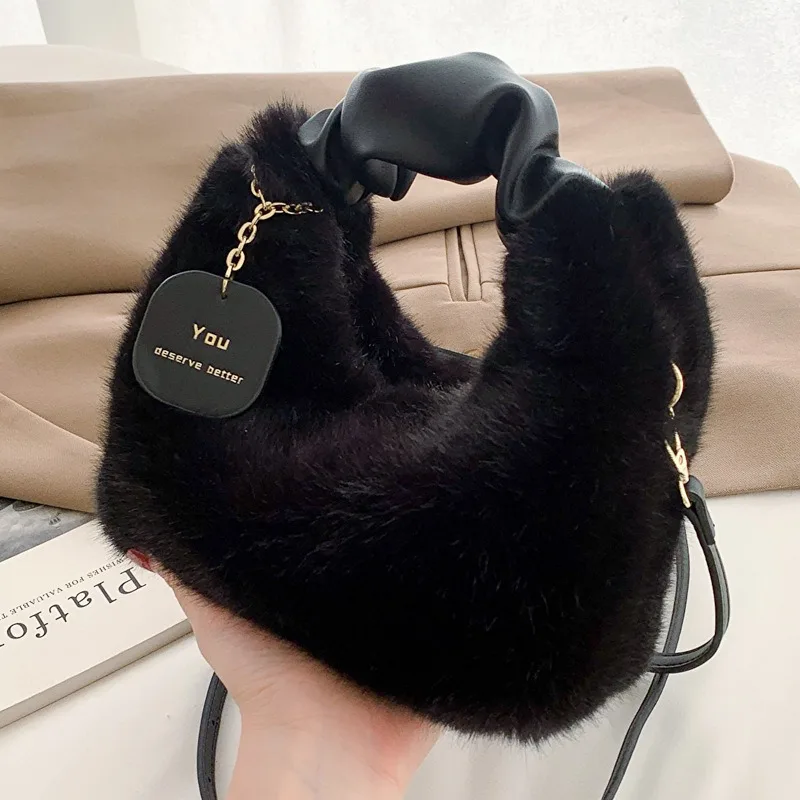 

Women Faux Fur Handbags Zipper Small Ladies Shoulder Crossbody Bag Casual Tote Bag Half-Moon Hobos Winter Bolsas Para Mujeres