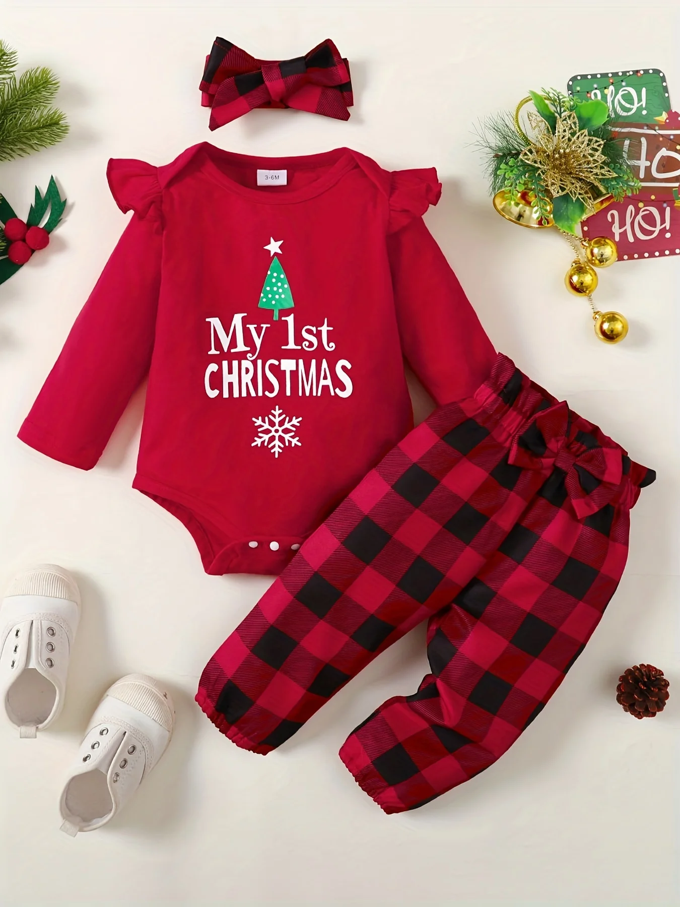

Romper 100% cotton Christmas Outfits For Baby Girls 3pcs Set"MY 1ST CHRISTMAS" Print Romper & Plaid Pants & Headband Outfit