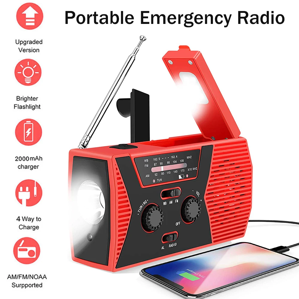 Портативное аварийное радио с солнечной батареей 2000 мАч AM/FM/NOAA фонариком лампой