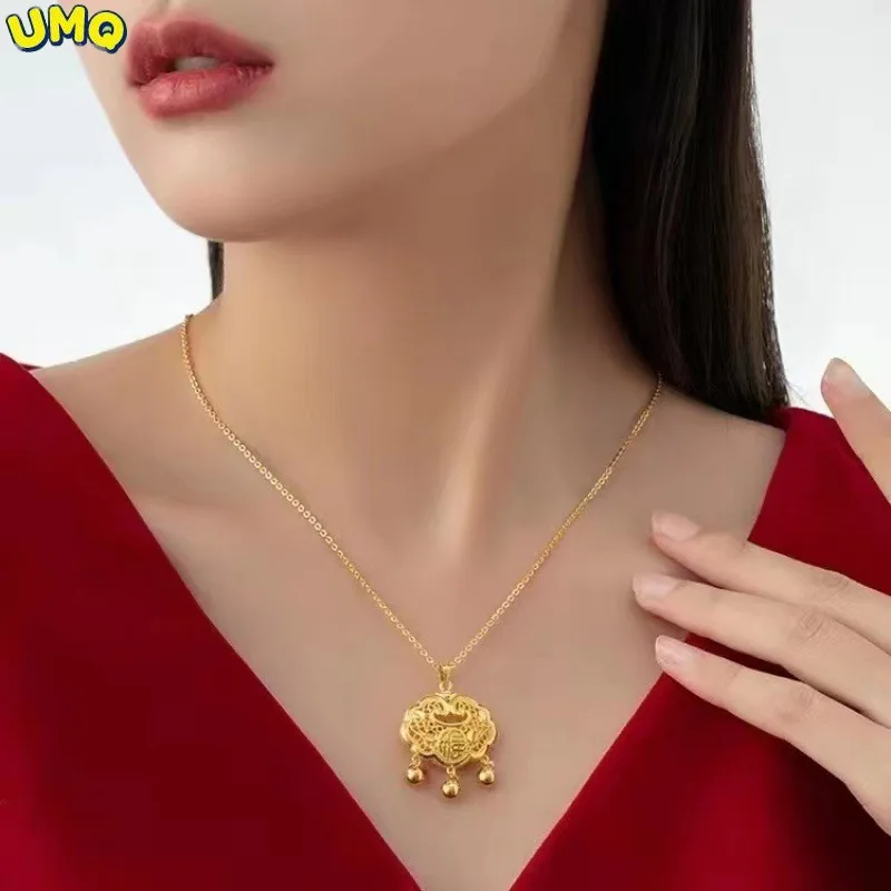 

Fuzi Peace Lock Necklace Female Pendant Fuqi Ruyi Classic Chin Style Copy 100% Real Gold 24k 999 gold Craft Hollow Out Design Al