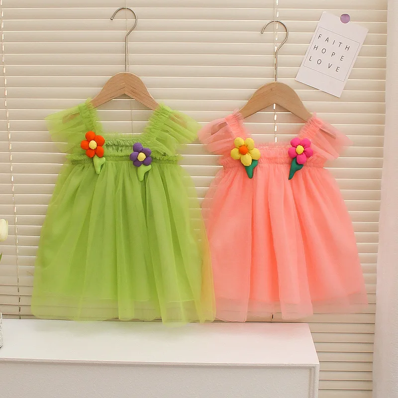 

2023 Summer Girls Cute Princess Tulle Dress with Flower Two Colors