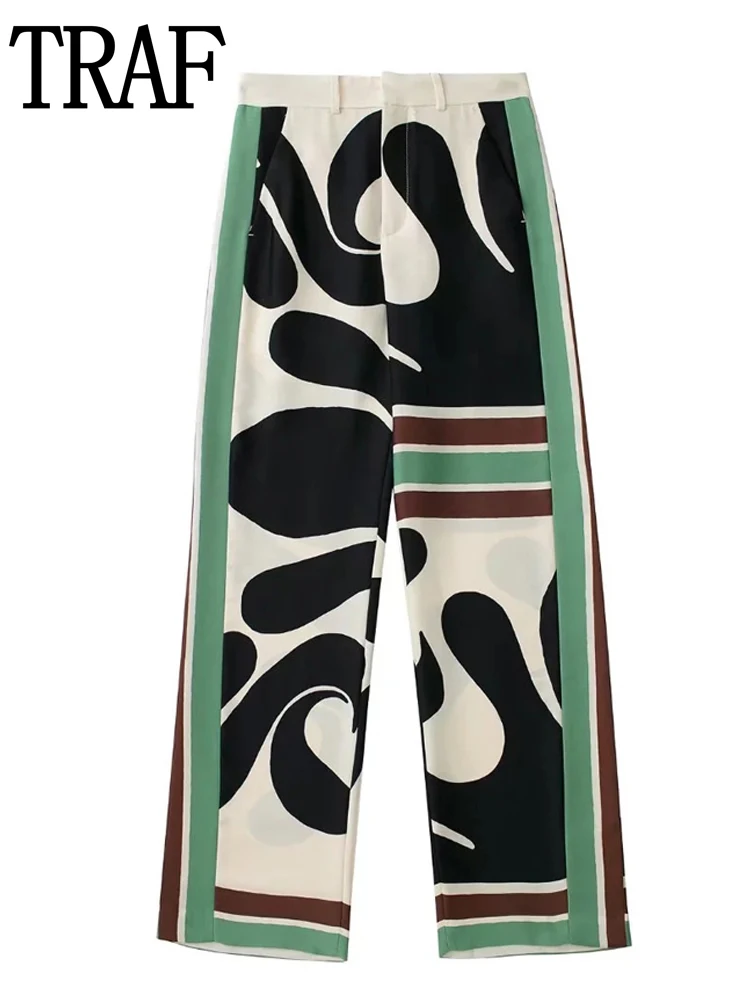 Брюки TRAF женские с принтом винтажные повседневные мешковатые штаны завышенной