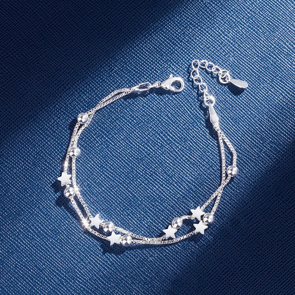 

Silver Color Bracelet for Women Silver Plated Bead Star Shape Pendant Charm Box Chain Wedding Jewelry Dropshipping Wholesale