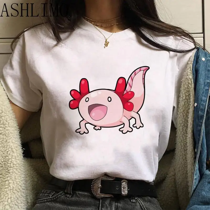 

Japanese Kawaii Pink Axolotl Summer 2022 Harajuku Loose Short Sleeve White Printed Y2k Aesthetic Kawaii Top Oversized T-shirt