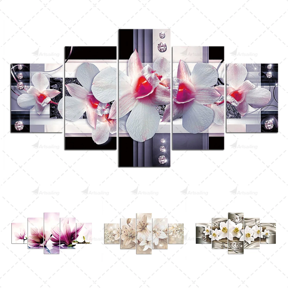 

Wall Art 5 Pieces Magnolia Flowers Orchid Flower Picture Canvas Painting Lotus Posters Modern Abstract Landscape Home Decoration