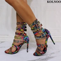 kolnoo new arrival real photos handmade womens high heels sandals rivets spikes faux snake leather evening fashion party shoes