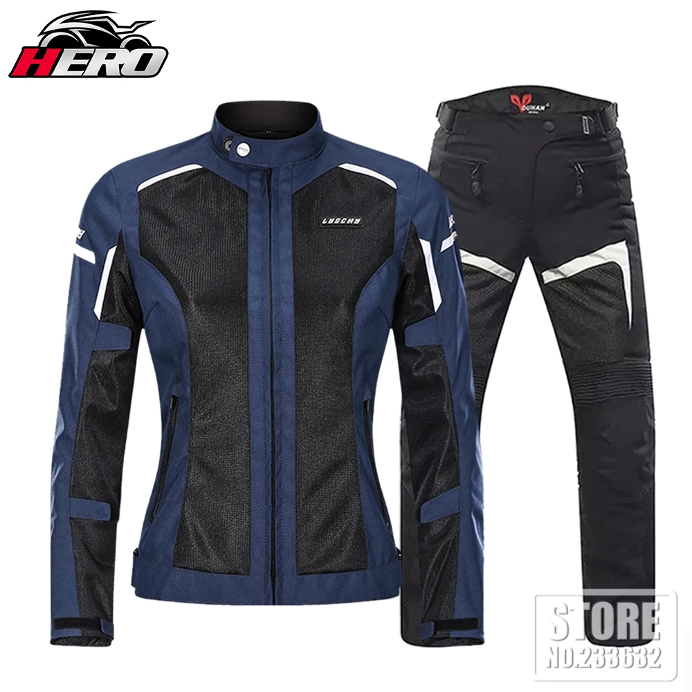 Motorcycle Jacket Women Breathable Mesh Motorbike Jacket Pant Suit Moto Motocross Riding Clothing Protective Gear