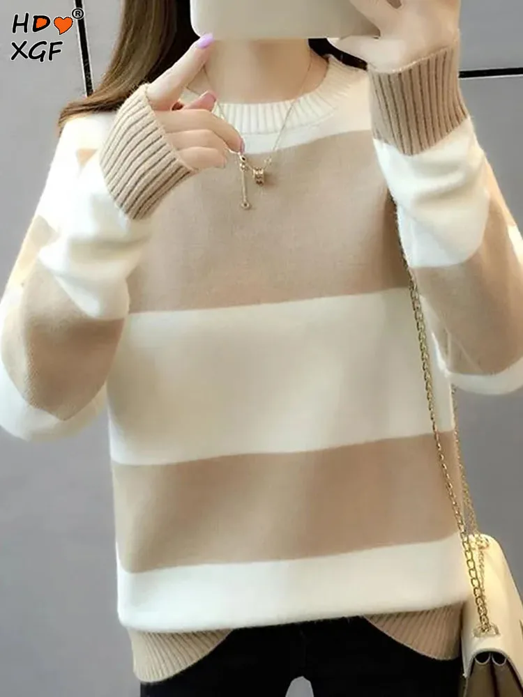 

2023 Korean New Round Neck Pullover Stripes Patchwork Knitted Sweater Top Autumn Winter Women All-match Long Sleeve Knitted Coat