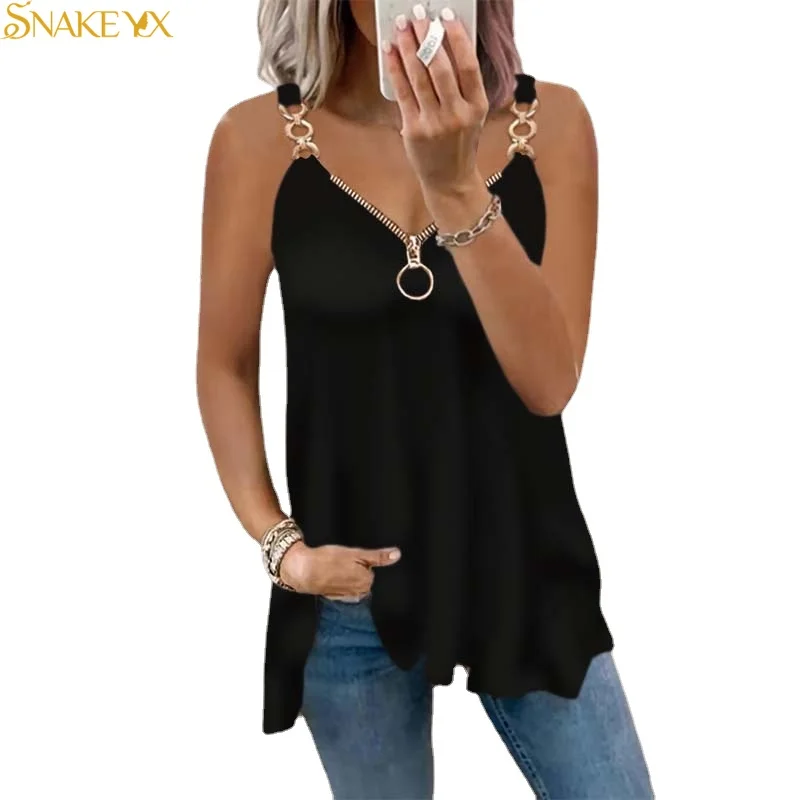 

SNAKE YX Ladies Fashion New Summer V Neck Zipper Tank Top S-5XL