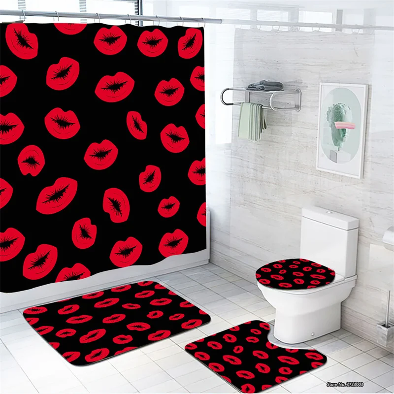 

Fashion Letter Red Lip Pattern Shower Curtain 4-piece Set of Waterproof Polyester Shower Curtain Non-slip Bath Mat Toilet Mat