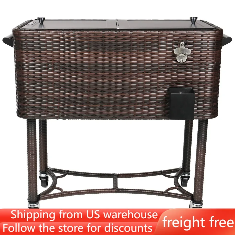 , Hand-woven Wicker Cooler Cart, Rolling Cooler On Wheels With Handle, Brown,freight Free