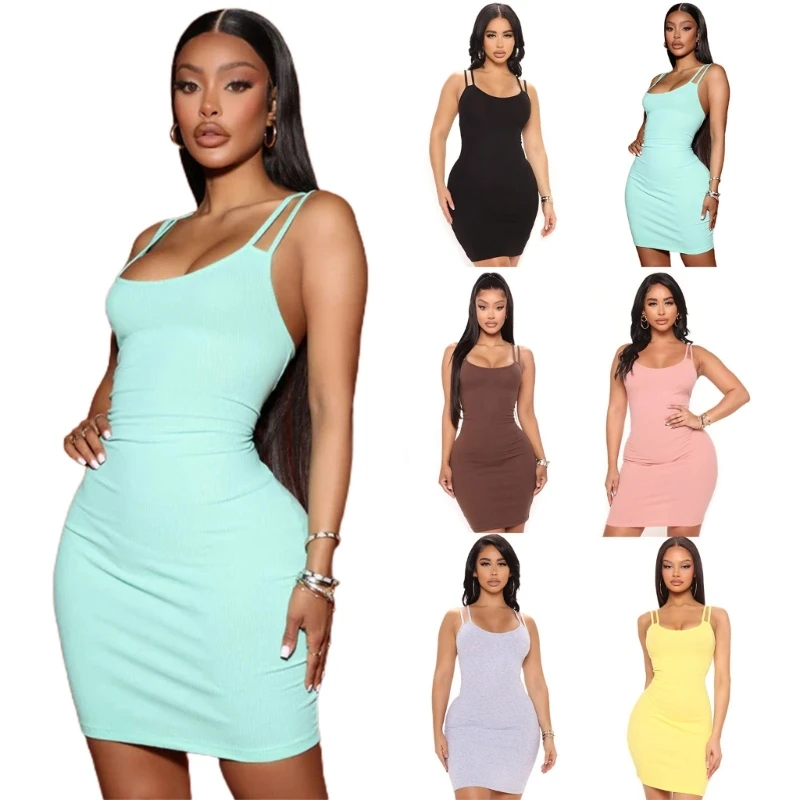 

New Women Solid Color U-Neckline Detail Backless Pleated Camisole Dress Ruffle Double Strap Outfits Bodycon Sexy Cloth